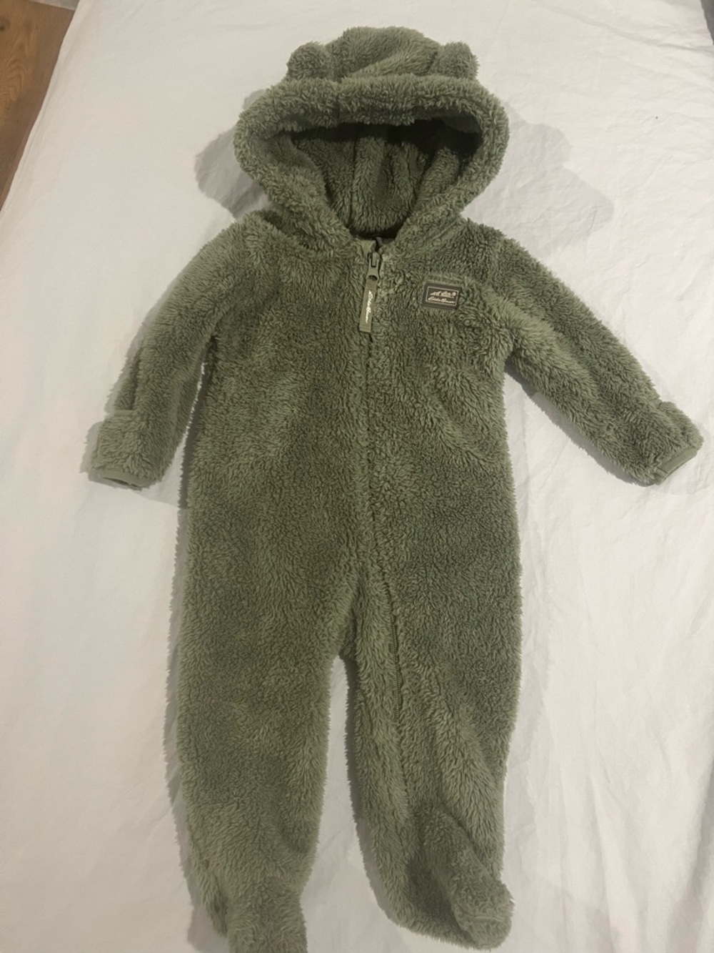 Eddie Bauer Olive Green Plush Hooded Baby One-Piece